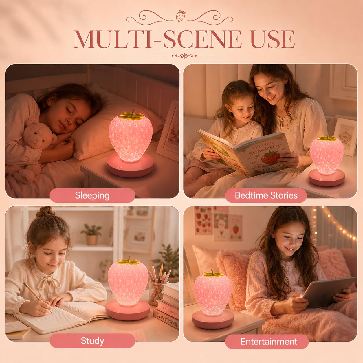 WLHONG Strawberry Night Light for Kids, LED Cute Silicone Lamp USB